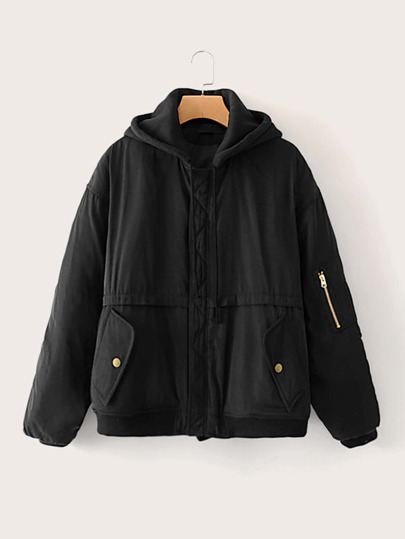 Zipper Ruched Sleeve Hooded Boyfriend Jacket