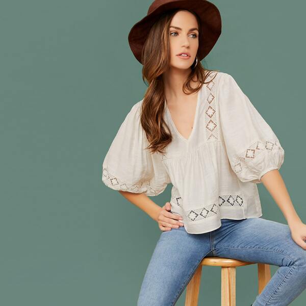 

V-Neck Crochet Lace Trim Bubble Sleeve Blouse, Beige