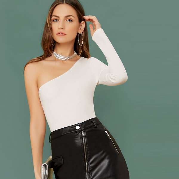 

Long Sleeve One Shoulder Bodysuit, White