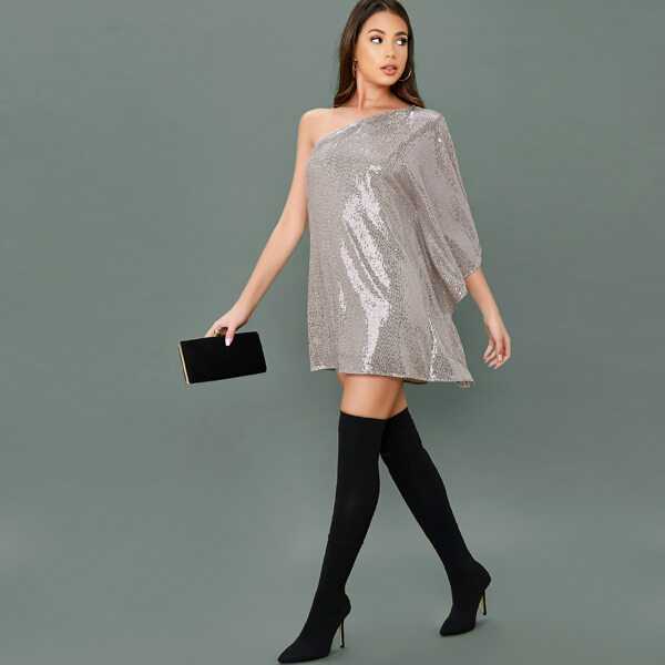 

One Shoulder Draped Sequin Mini Dress, Grey