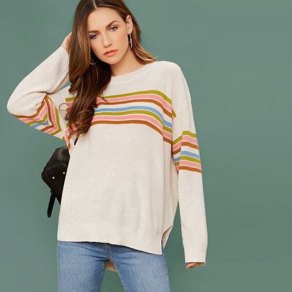 

Crew Neck Rainbow Stripe Dip Hem Pullover Sweater, White