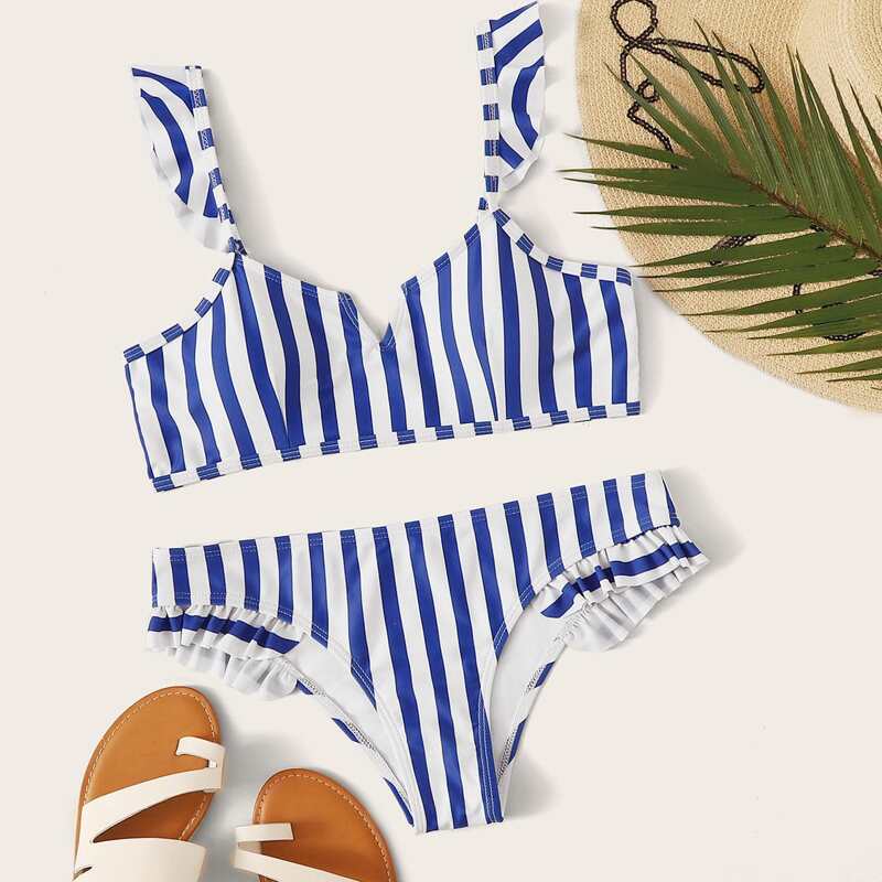 

Striped Frill Trim Bikini Set, Multicolor