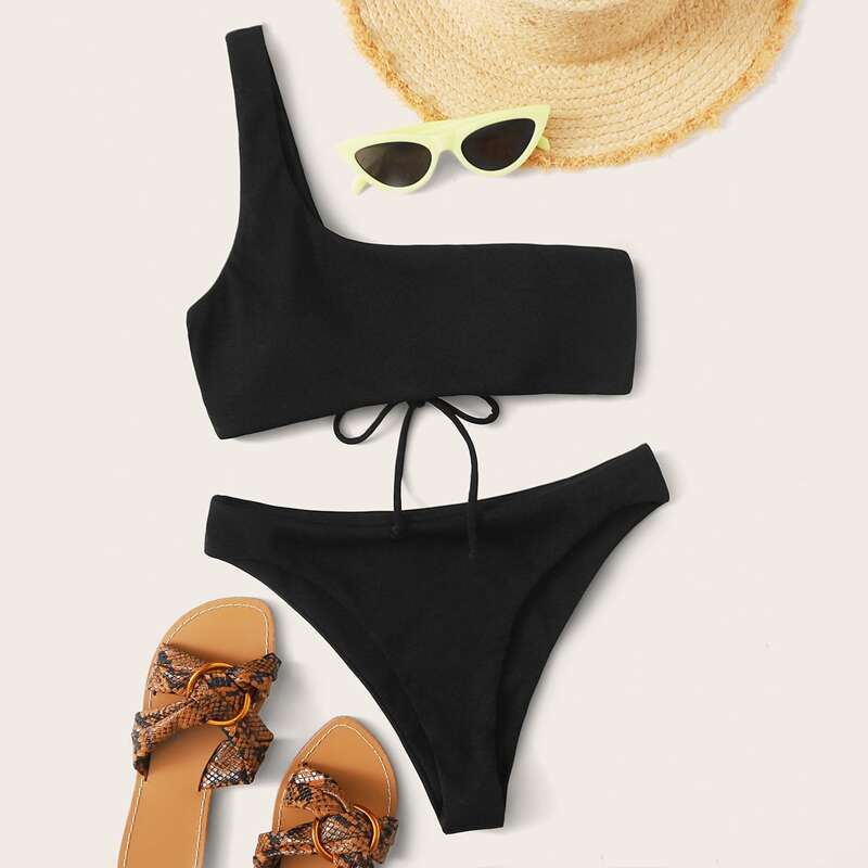 

Lace-up Back One Shoulder High Cut Bikini Swimsuit, Black