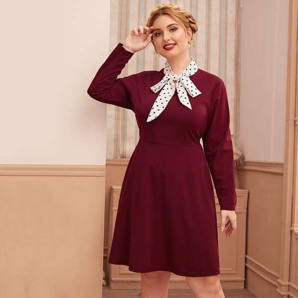 

Plus Contrast Polka Dot Tie Neck A-line Dress, Burgundy