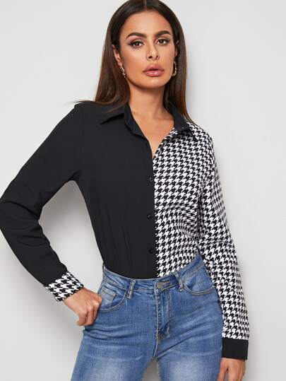 Button Front Conrast Houndstooth Print Blouse