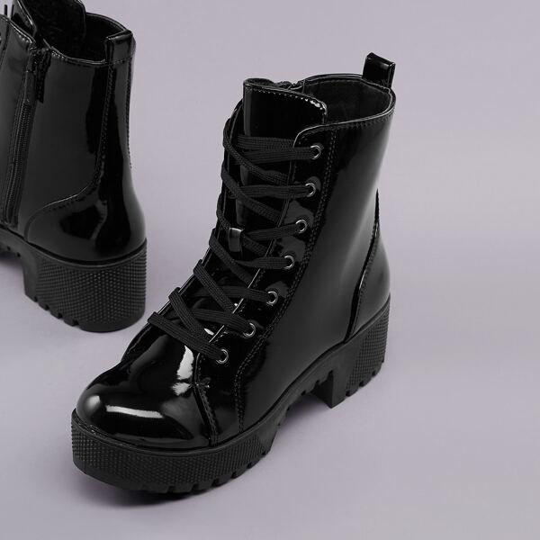 

Lace Up Lug Sole Chunky Block Heel Boots, Black