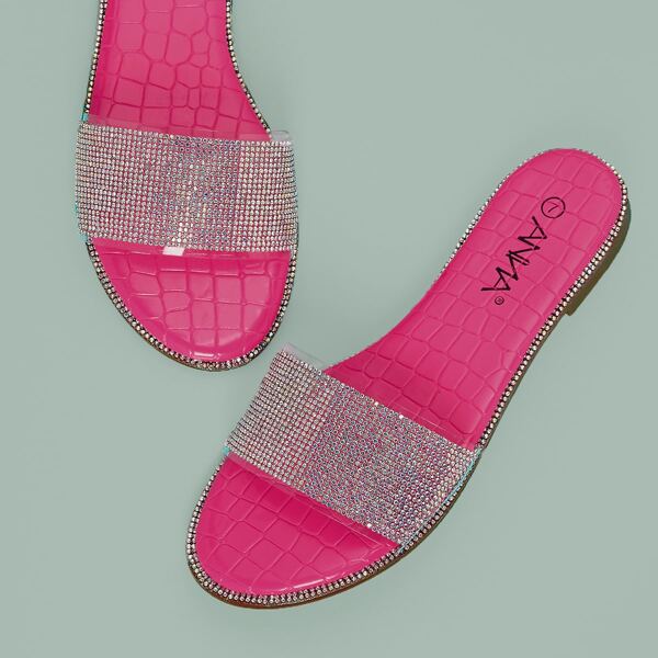 

Rhinestone Croc Embossed Slide Sandals, Pink bright