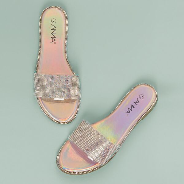 

Crystal Open Toe Band Flat Slide Sandals, Gold