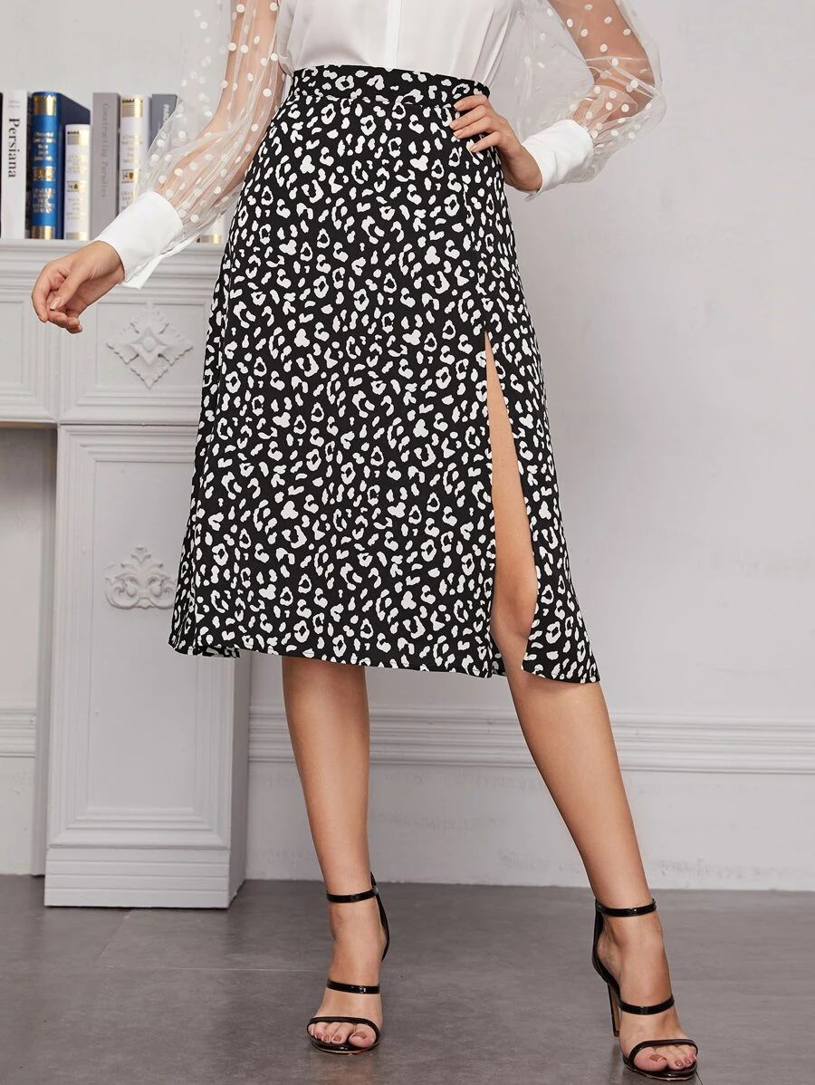 BizChic Split Thigh Leopard Print A-line Skirt Workwear - Black and White - View 1