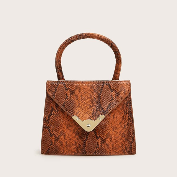 

Snakeskin Flap Satchel Bag, Brown