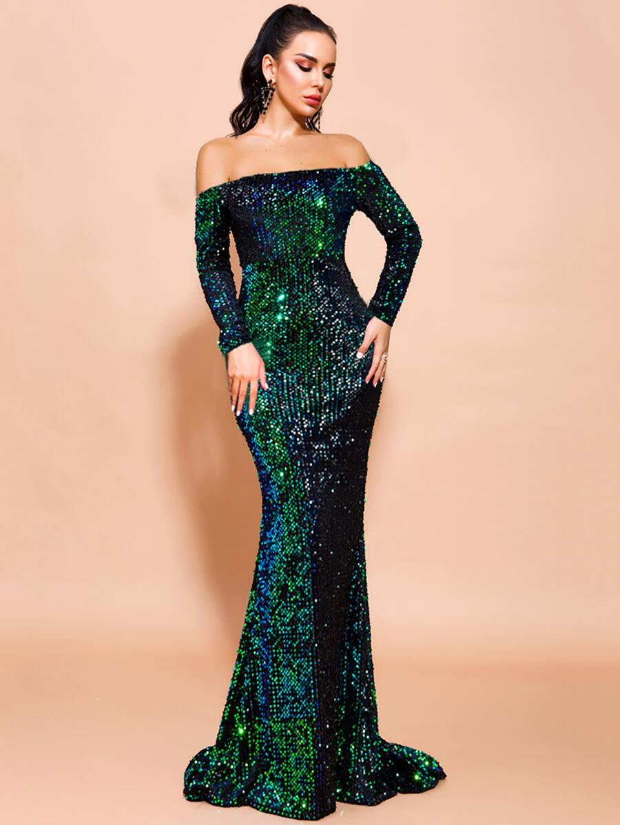 Missord Off Shoulder Iridescent Sequin Fishtail Prom Dress - Dark Green - View 1