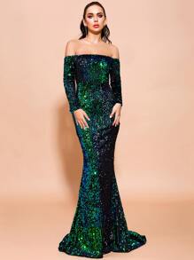 Missord Off Shoulder Iridescent Sequin Fishtail Prom Dress - Dark Green - View 4