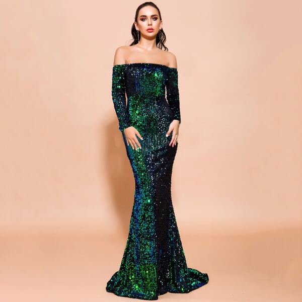 

Off Shoulder Iridescent Sequin Fishtail Prom Dress, Dark green
