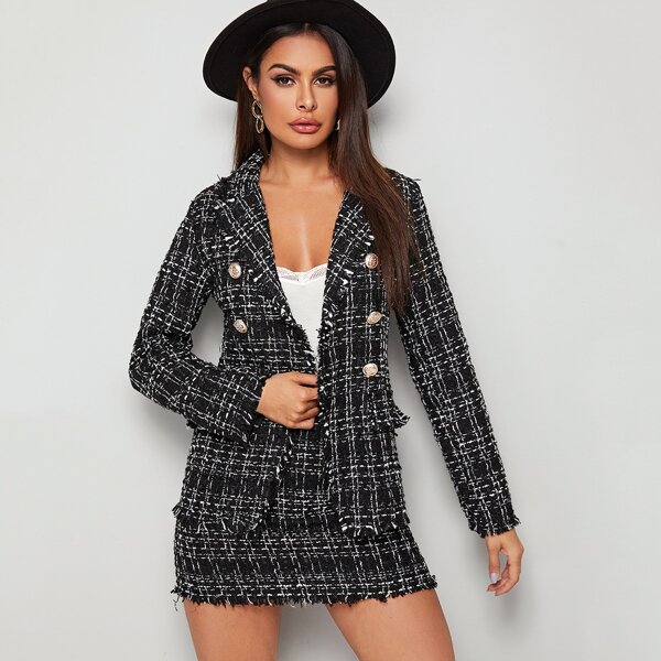 

Double Breasted Raw Hem Tweed Blazer & Skirt, Black