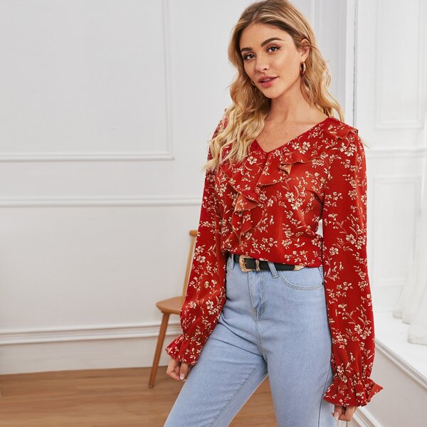 

Блуза с цветочным принтом и оборками, Красный