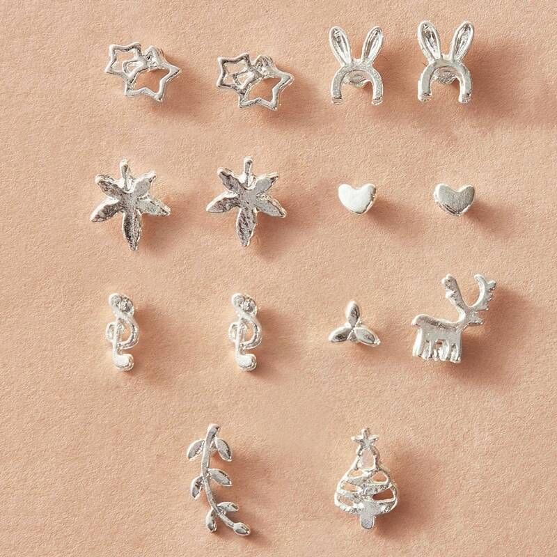 

7pairs Snowflake & Star Shaped Stud Earrings, Silver