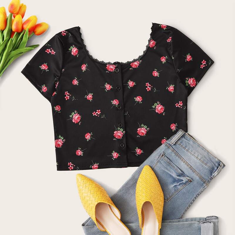 

Floral Print Lace Trim Crop Tee, Black
