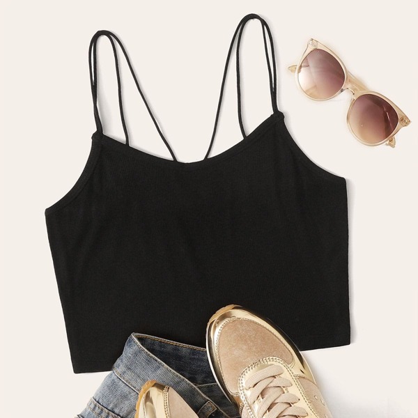 

Solid Ribbed Knit Cami Top, Black