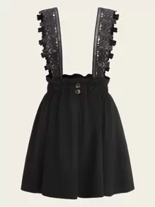 Paper Bag Waist Pinafore Skirt - Black - View 1