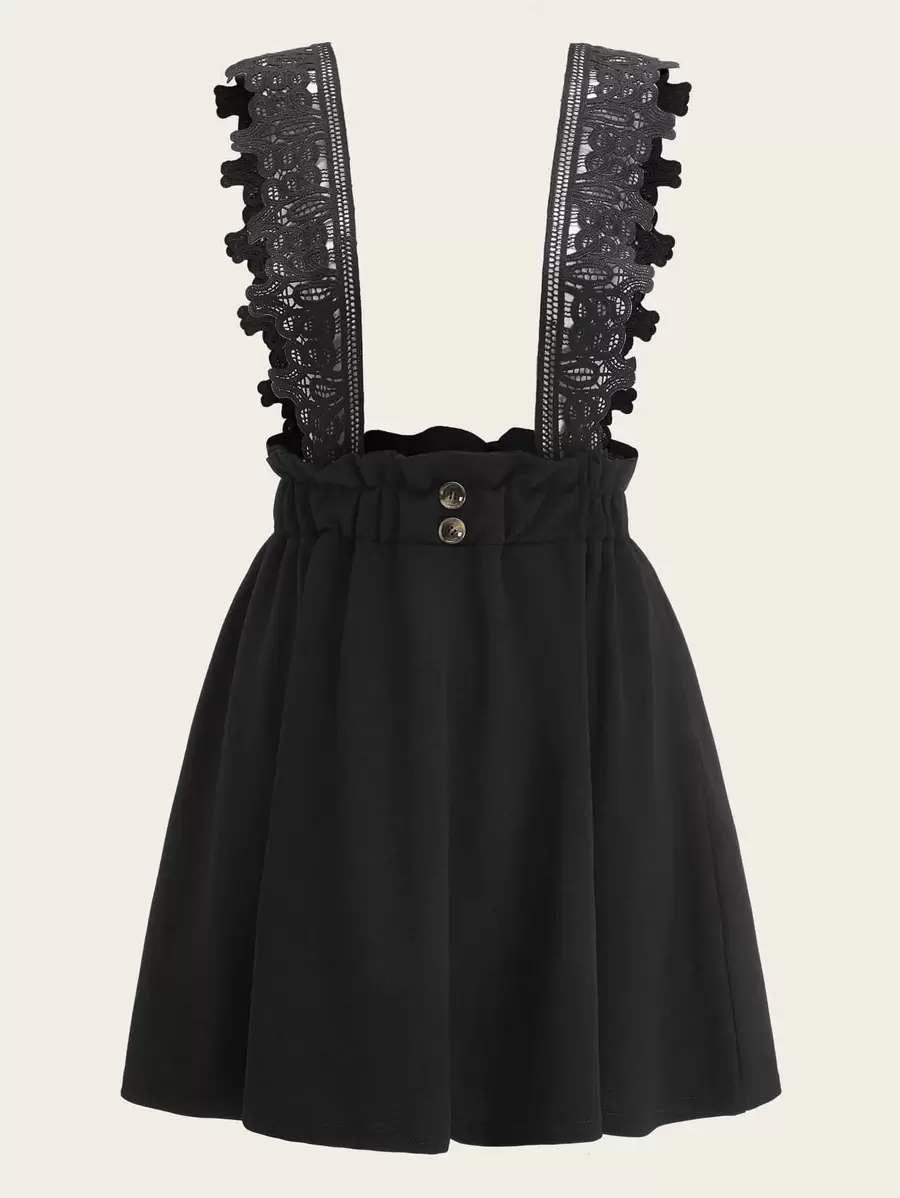 Paper Bag Waist Pinafore Skirt - Black - View 1
