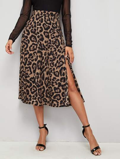 Leopared Print Split Thigh Zip Back Skirt