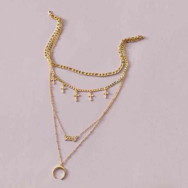 

1pc Cross & Letter Charm Layered Necklace, Gold