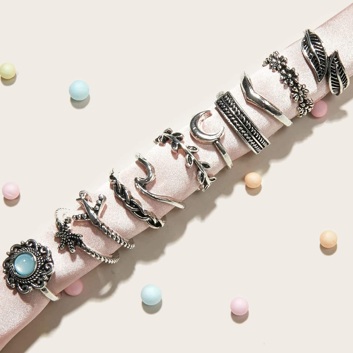

11pcs Leaf & Moon Decor Ring, Silver