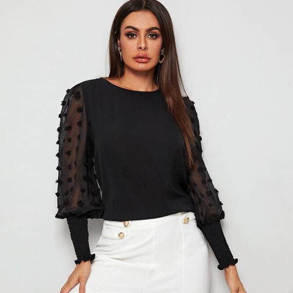 

Swiss Dot Contrast Mesh Sleeve Blouse, Black