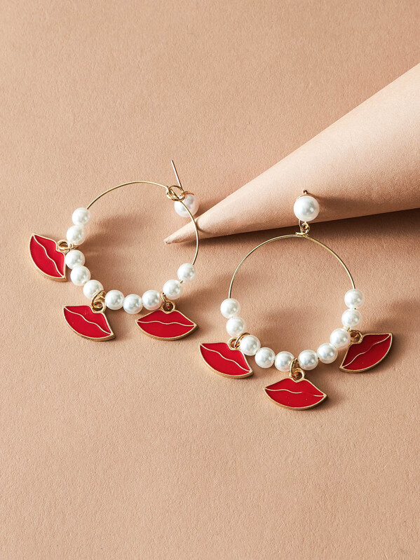 

1pair Faux Pearl Beaded & Mouth Decor Hoop Drop Earrings, Multicolor