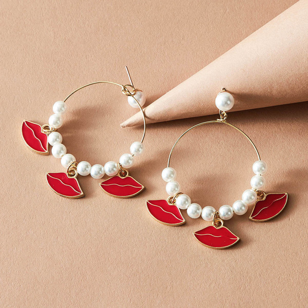 

1pair Faux Pearl Beaded & Mouth Decor Hoop Drop Earrings, Multicolor