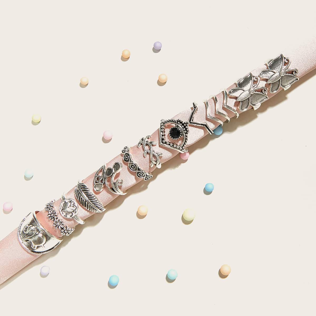 

14pcs Flower & Butterfly Decor Ring, Silver