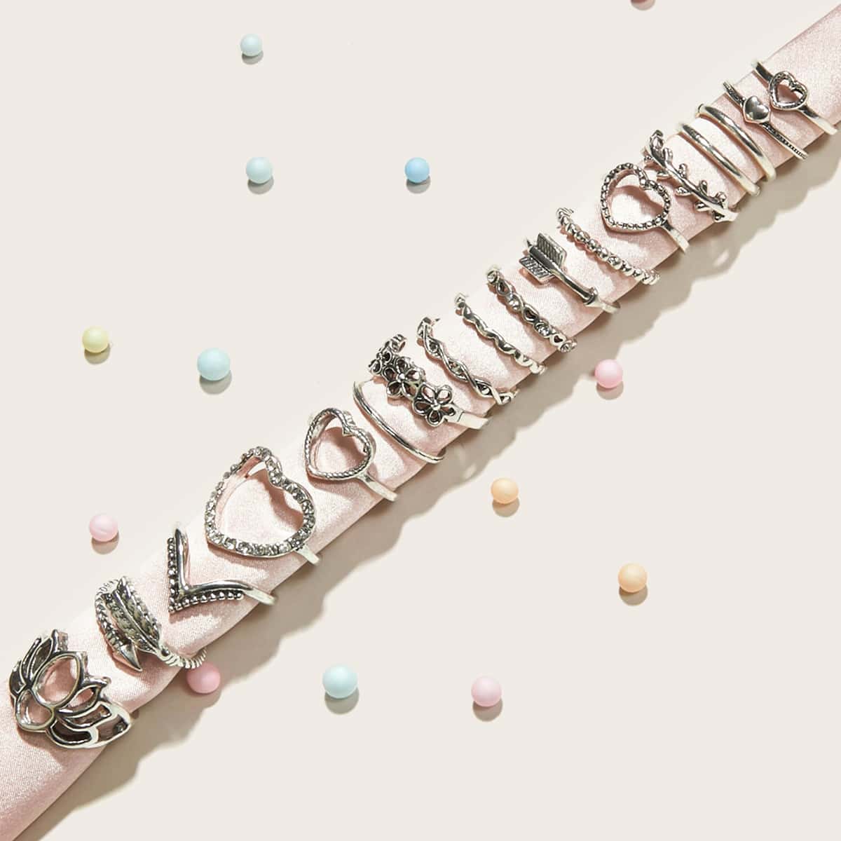 

18pcs Flower & Heart Decor Ring, Silver