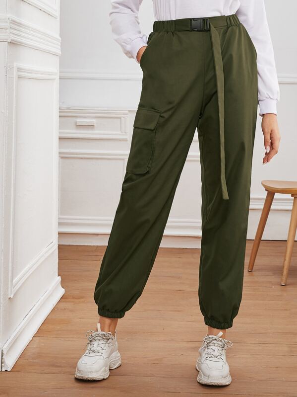 

Flap Pocket Side Push Buckle Belted Cargo Pants, Army green, Nathane