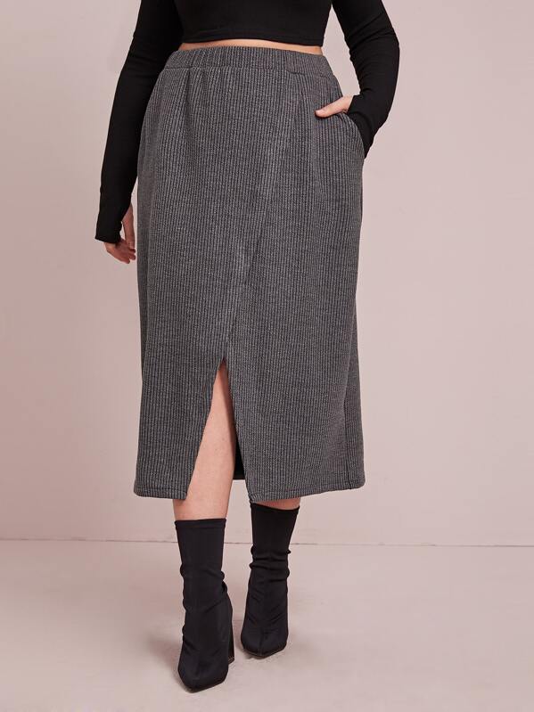 

Plus Split Pocket Side Sweater Skirt, Grey, Nora