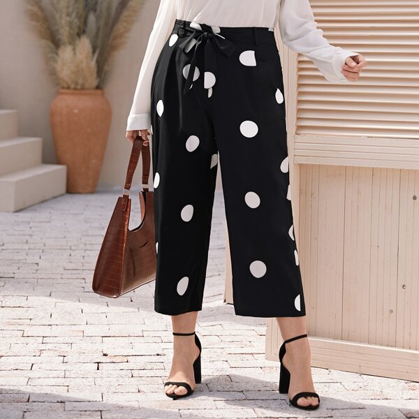 

Plus Polka Dot Belted Wide Leg Pants, Black and white