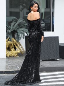 Missord Off Shoulder Sequin Fishtail Prom Dress - Black - View 2