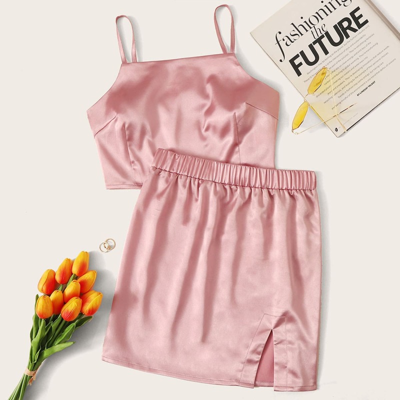 

Solid Satin Cami Top & Satin Skirt, Pink