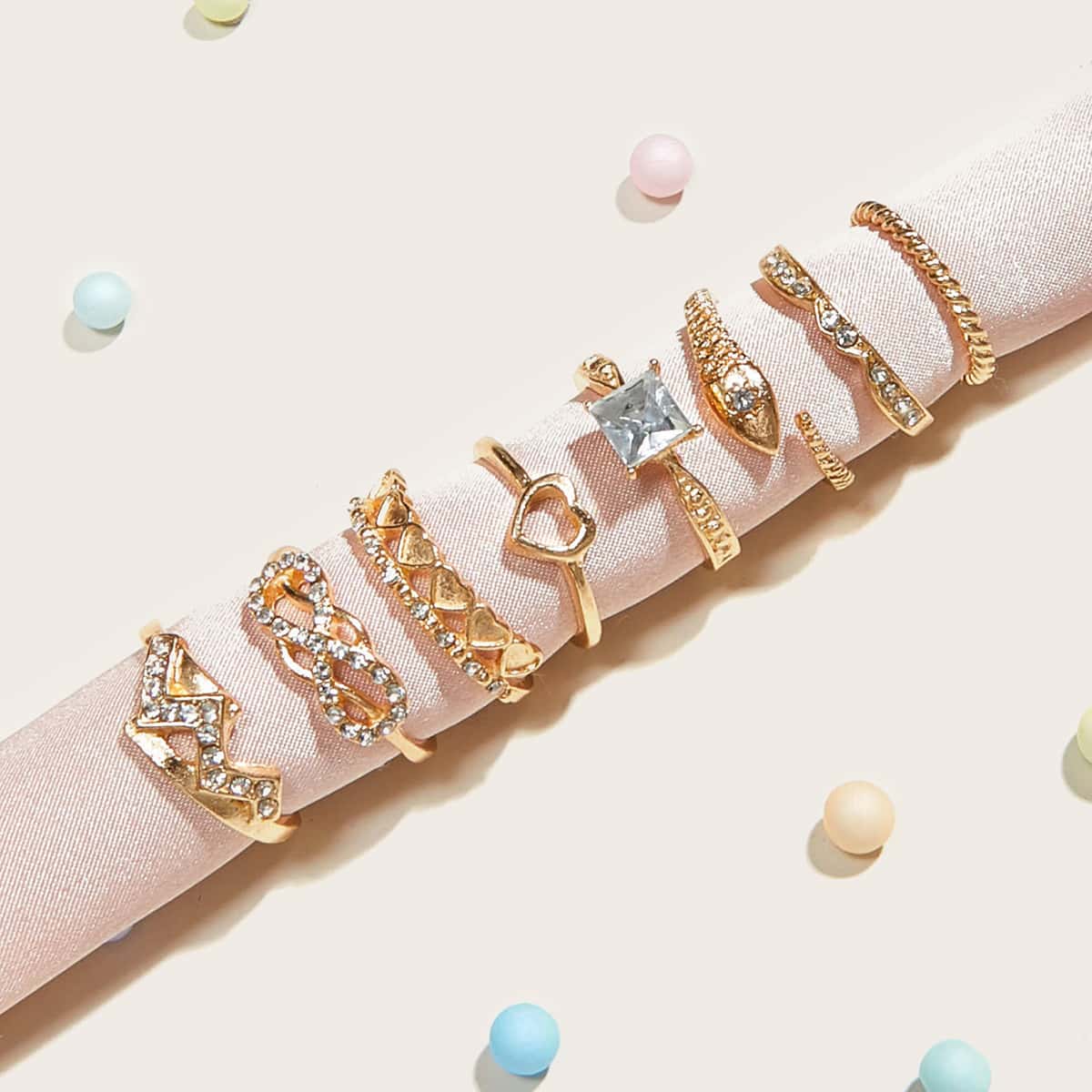 

9pcs Rhinestone Engraved Infinity Decor Ring, Gold