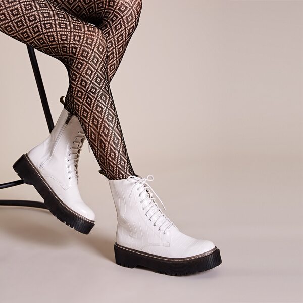 

Croc Embossed Lace-up Front Combat Boots, White