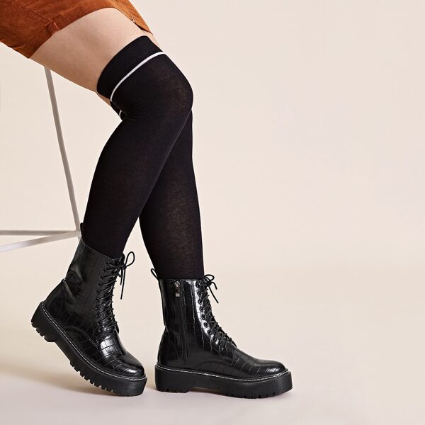 

Croc Embossed Lace-up Front Combat Boots, Black