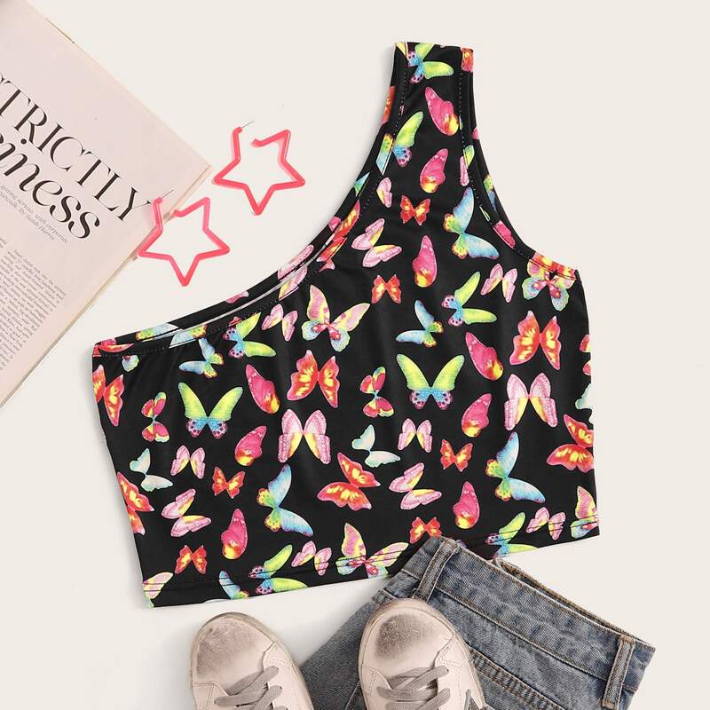 

One Shoulder Butterfly Print Top, Black