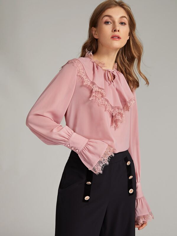 

Tie Neck Eyelash Lace Trim Solid Top, Pink, Varvara P