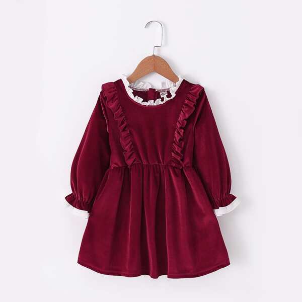 

Toddler Girls Frill Trim A-line Velvet Dress, Burgundy