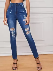 Dark Wash Ripped Skinny Jeans - Navy Blue - View 1