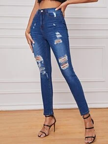 Dark Wash Ripped Skinny Jeans - Navy Blue - View 4
