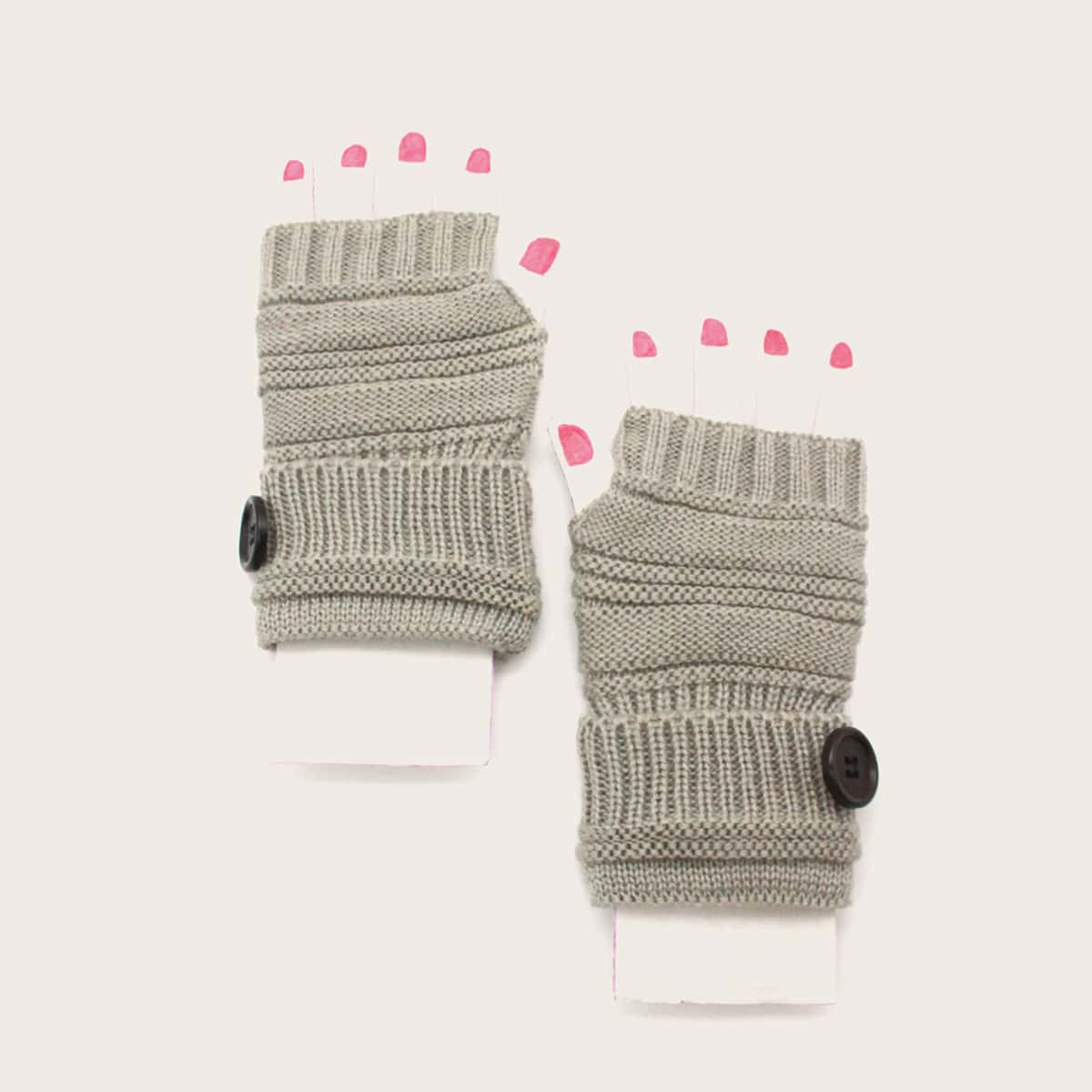 

1pair Button Decor Knitted Gloves, Grey