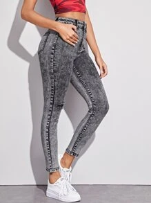 SHEIN Essnce Acid Wash High-Waisted High Stretch Skinny Jeans - Grey - View 5