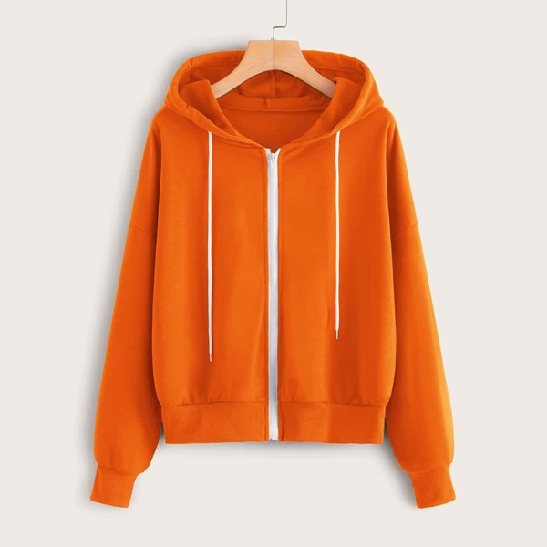 

Drawstring Detail Zip Up Hoodie, Orange bright