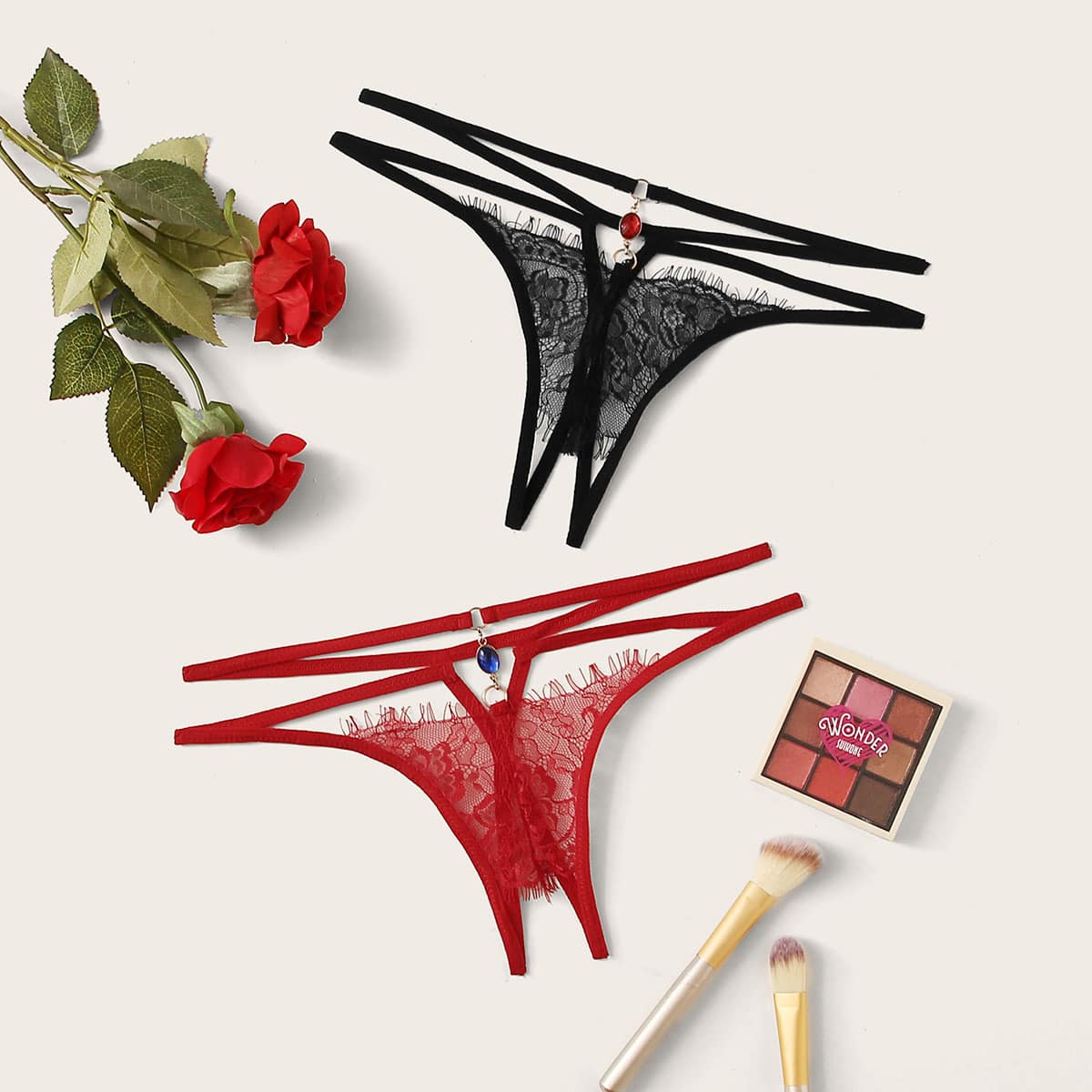 

2pack Gemstone Decor Harness Panty Set, Multicolor