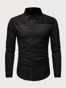 Manfinity Homme Men Pleated Decoration Button Up Shirt - Black - View 1